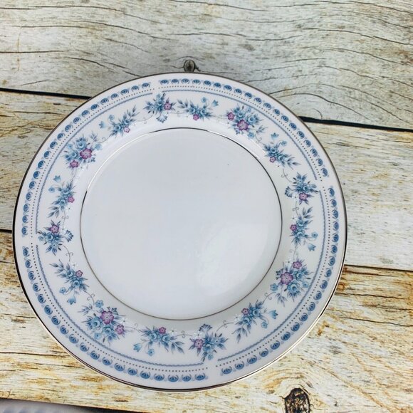 Seizan China BLUE DAWN Blue Purple Flowers Platinum Trim Salad Plates Set of 7 - Picture 7 of 11